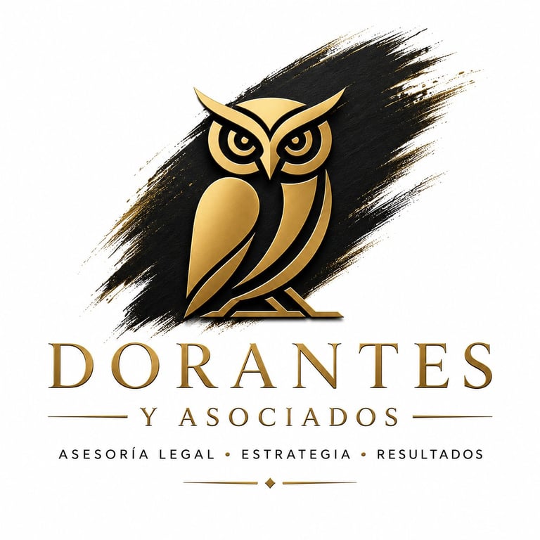 Dorantes y Asociados logo featuring a gold owl on black brushstroke with legal services text below